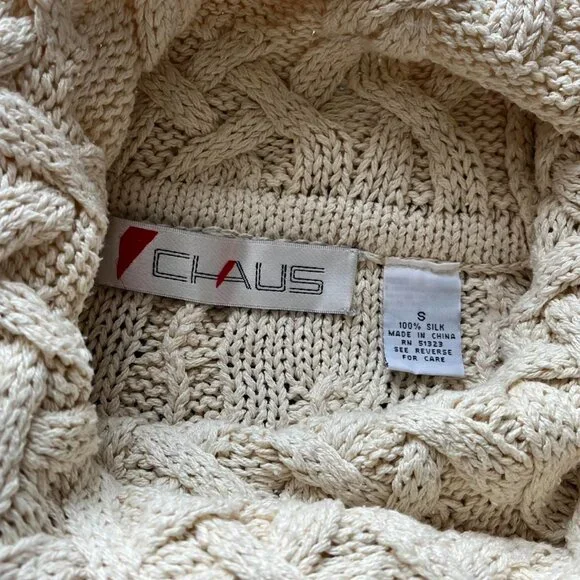 Vintage Chaus 100% Silk Cable Knit Sweater Womens Med Cream Tassels Indie Fairy - Picture 3 of 7